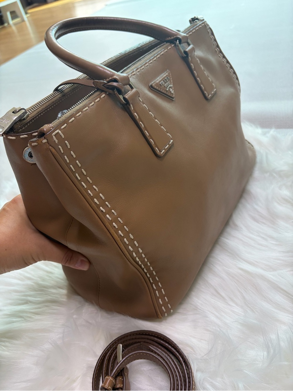 Prada Tan Leather Satchel with Stitch Detailing - Picture 3 of 16